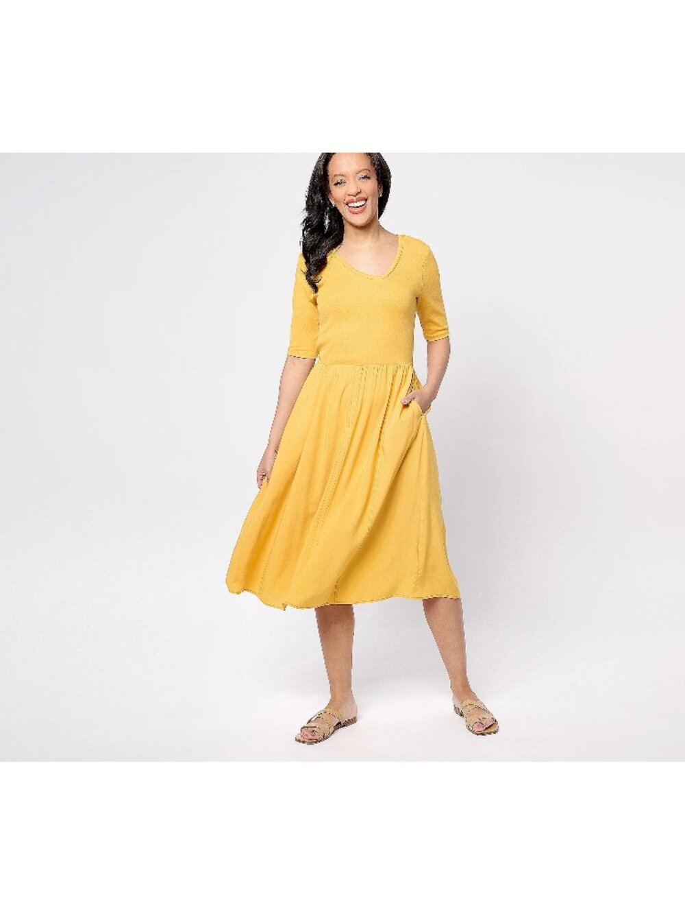 Peace Love World Dress Small Regular Knit to Woven Asymmetric V-Neck Mango NEW